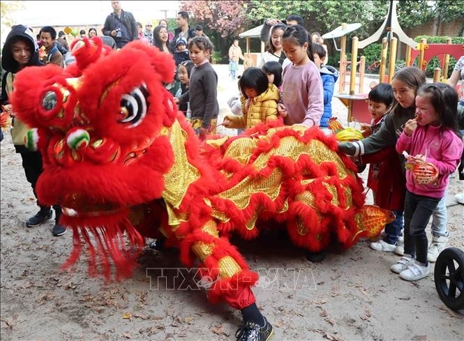 The lion dance performance attracts children. (Photo: VNA)