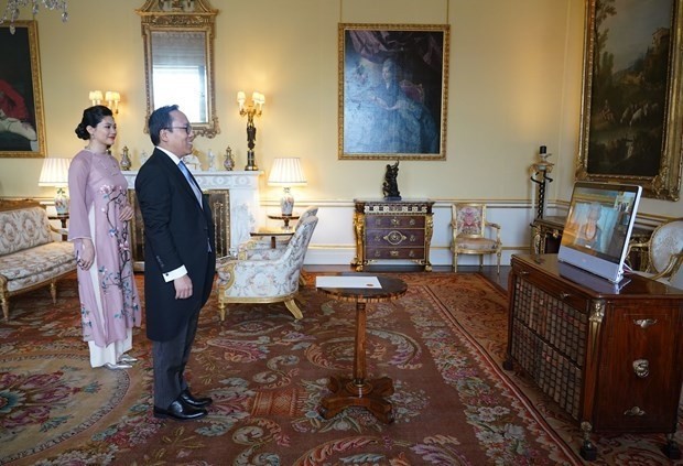 Vietnamese Ambassador to the UK Nguyen Hoang Long presenting his credentials to Queen Elizabeth II on November 18 via a virtual ceremony. (Photo: HMDS)