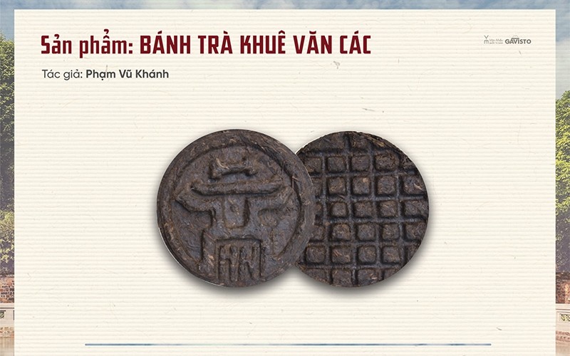 Tea pressed into cakes, printed with "Khue Van Cac" (Literature Pavilion) image, a souvenir product designed on the basis of traditional culture dedicated to the Van Mieu-Quoc Tu Giam relic site.