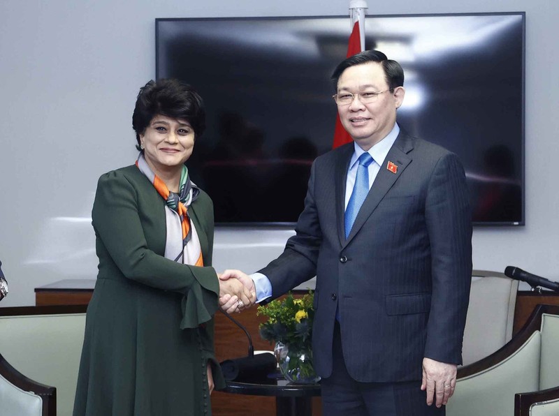 NA Chairman Vuong Dinh Hue (R) meets with Prudential Chairwoman Shriti Vadera in London on June 29. (Photo: VNA)