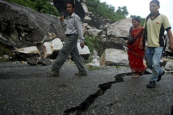 A damaged section of the Dharan-Dhankuta road at Bhedetar in Dharan, a major city in eastern Nepal, September 19, 2011.