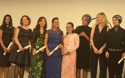Tran Ha Lien Phuong (fourth, right) is among 15 female laureates chosen from the 236 locally-awarded fellowship winners of L’Oreal subsidiaries and UNESCO around the world.