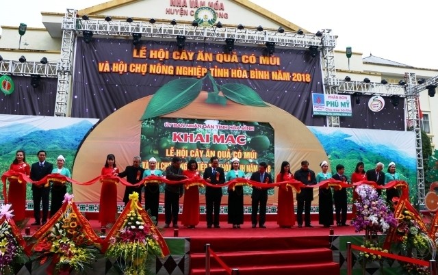 The ribbon cutting ceremony for the opening of the Hoa Binh Citrus Fruit Festival and Agricultural Fair.