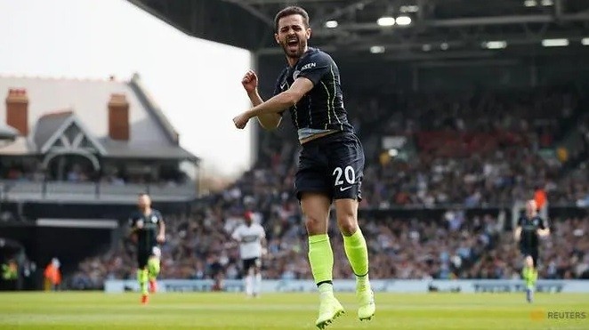Manchester City's Bernardo Silva celebrates scoring their first goal. (Reuters)