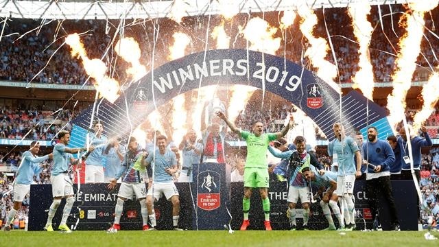 Manchester City's players lift the trophy as they celebrate after winning the FA Cup - FA Cup Final - Manchester City v Watford - Wembley Stadium, London, Britain - May 18, 2019. (Photo: Action Images via Reuters)