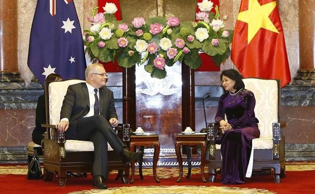 Vice President Dang Thi Ngoc Thinh (R) meets with Australian Prime Minister Scott Morrison in Hanoi on August 23. (Photo: VNA)