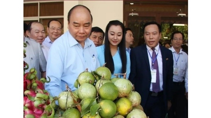 Prime Minister Nguyen Xuan Phuc inspects agricultural products displayed on the sideline of the conference. (Photo: NDO)