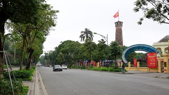 A street in central Hanoi is mostly empty on the first day of social distancing.