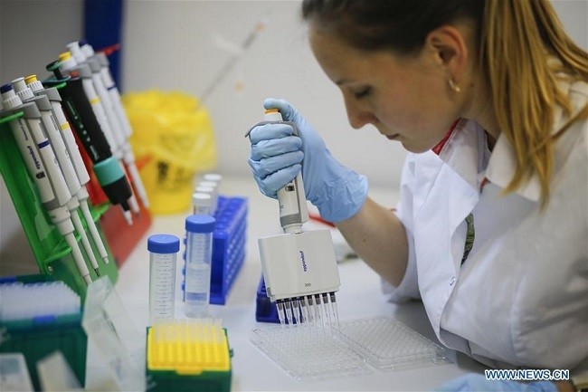 Photo provided by Russian Direct Investment Fund (RDIF) shows a researcher working in a laboratory of the Gamaleya Scientific Research Institute of Epidemiology and Microbiology in Moscow, Russia, Aug. 6, 2020. (Source: RDIF/Handout via Xinhua)