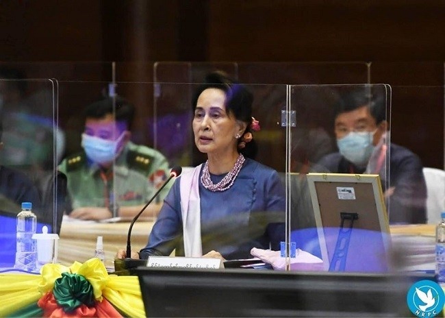State Counsellor Aung San Suu Kyi, in her capacity as chair of National Reconciliation and Peace Center, makes a speech at the 19th meeting of Myanmar's UPDJC. (Source: NRPC)