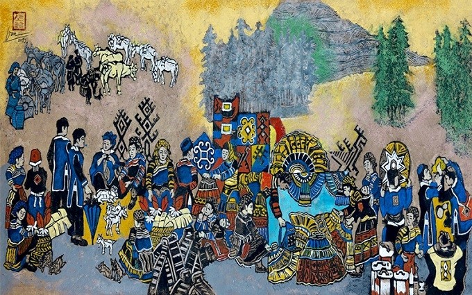 The wooden engraved painting, entitled "Bac Ha rural market" by painter Tran Nguyen Dan.